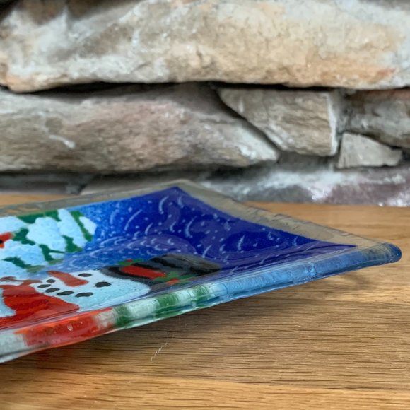 Fused Glass Peggy Karr Snowman Plate Art Platter Dish Winter Christmas Serving - Picture 6 of 9